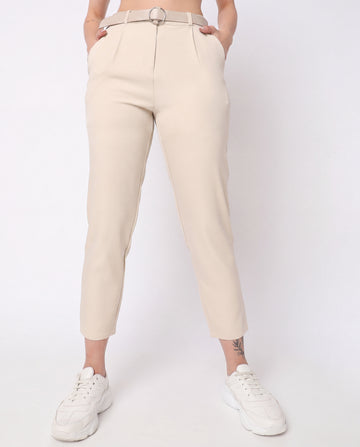Beige Wide-Leg Relaxed Fit Trousers