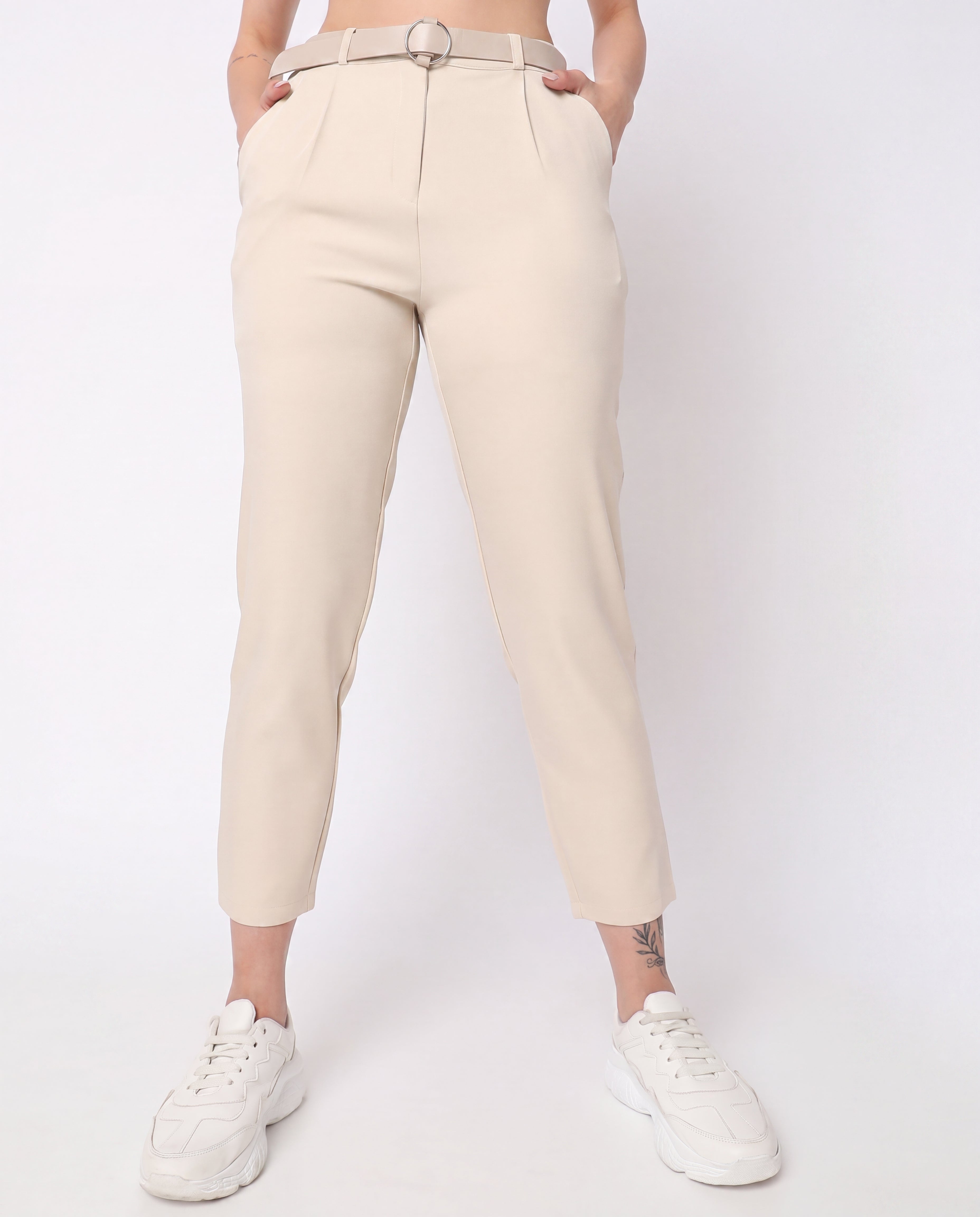 Beige Wide-Leg Relaxed Fit Trousers