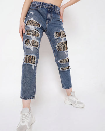 Blue Ripped Leopard-Patch Straight Jeans