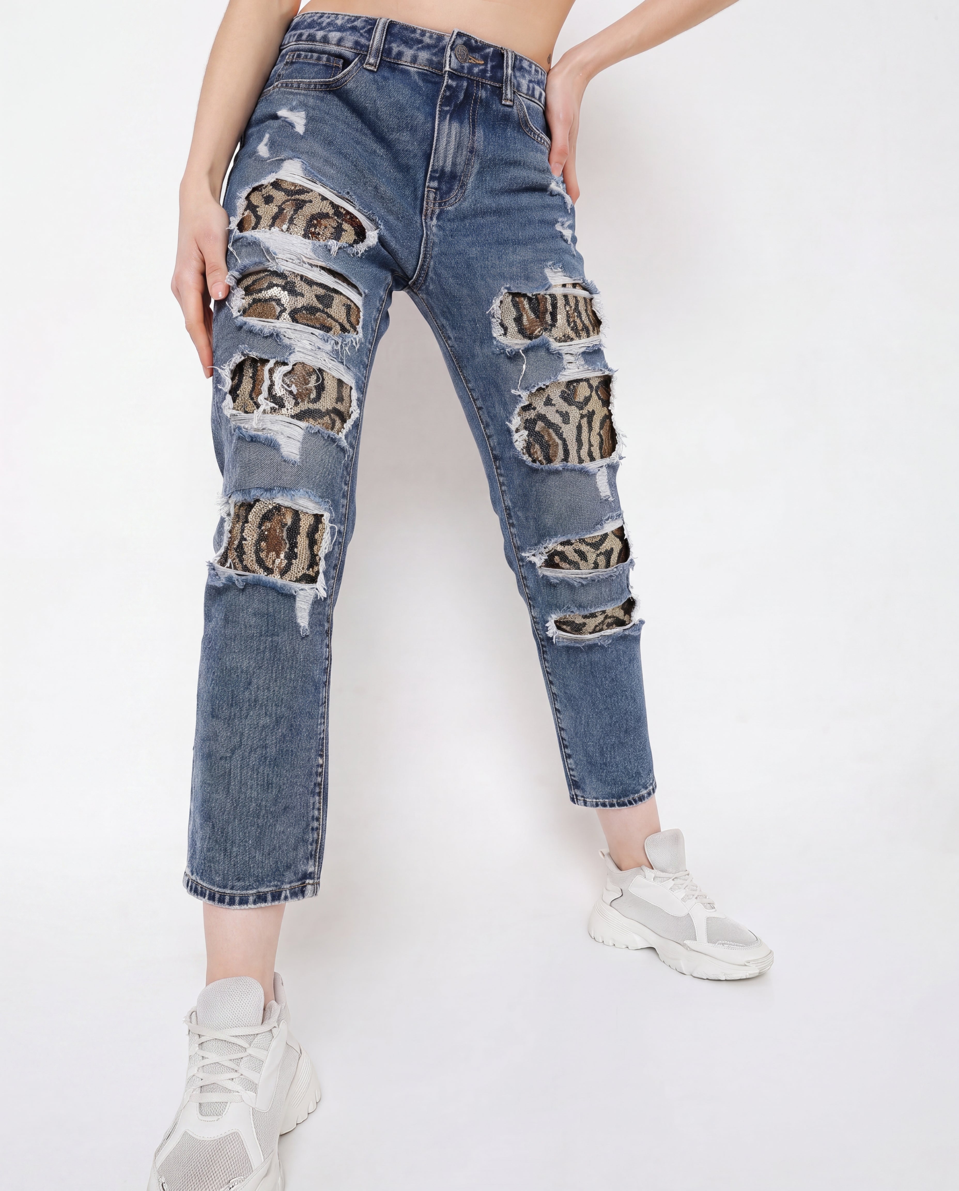 Blue Ripped Leopard-Patch Straight Jeans