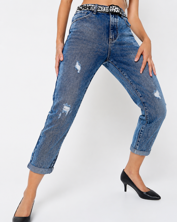 Blue Mom-Fit Distressed Jeans