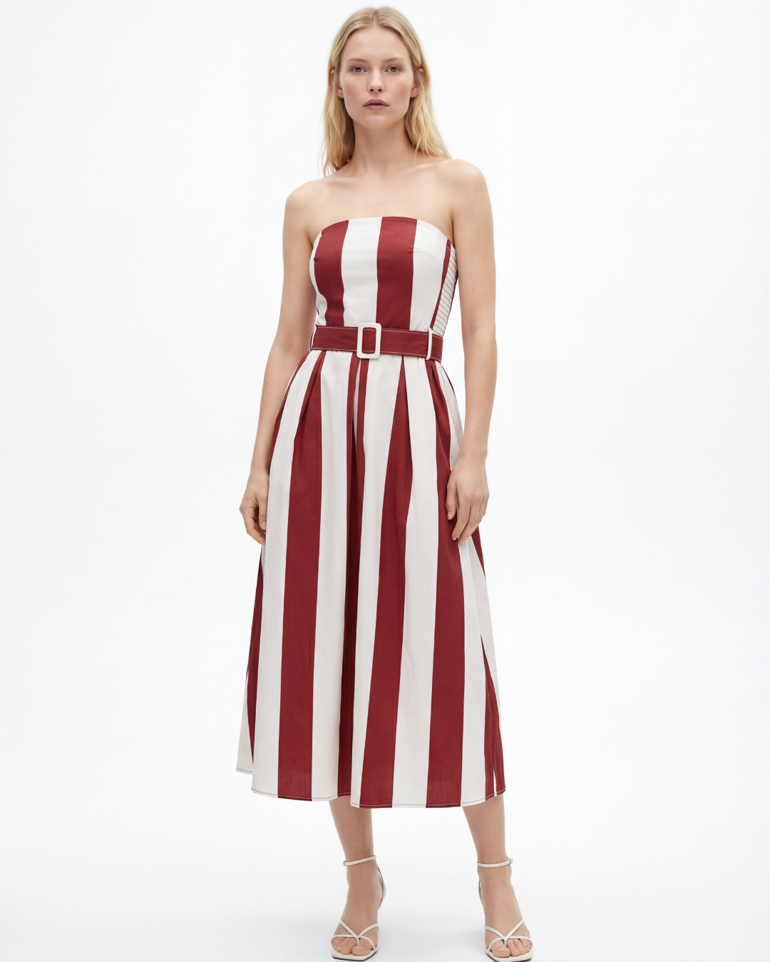 Red and White Striped Strapless Maxi Dress