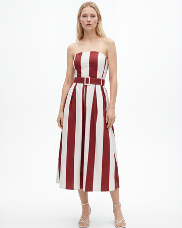 Red and White Striped Strapless Maxi Dress