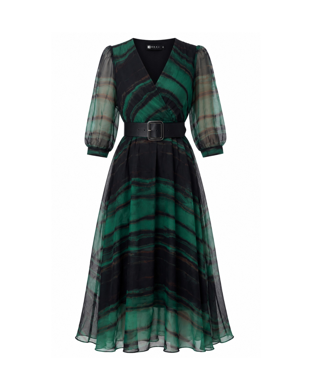 Women’s Green Abstract Print Sheer Sleeve Maxi Dress with Belt