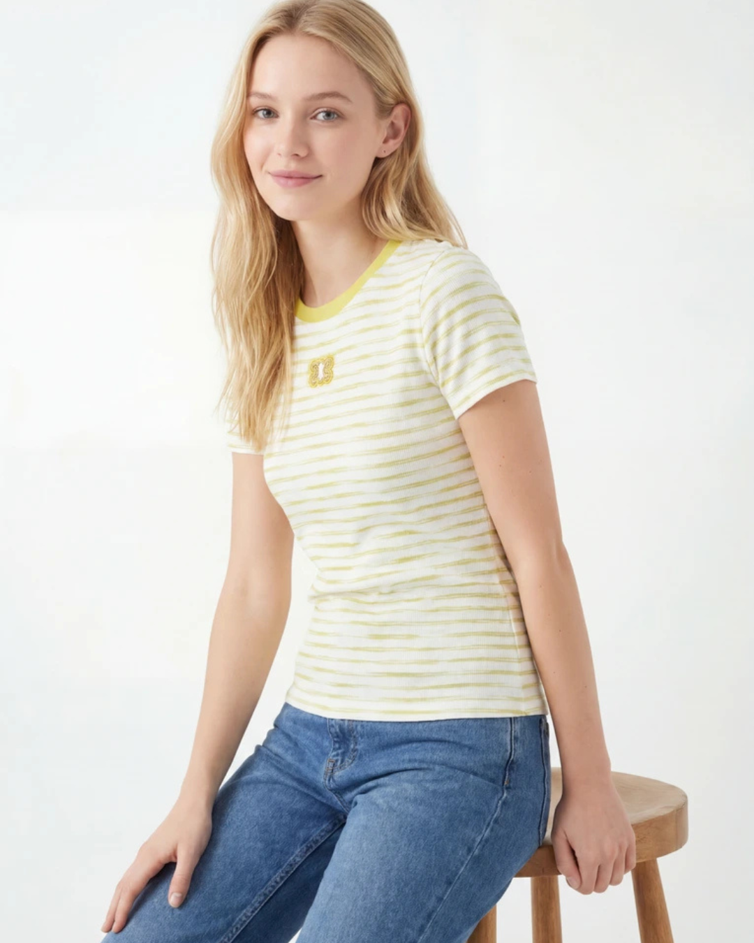 Yellow Striped Crew Neck Regular Fit T-Shirt