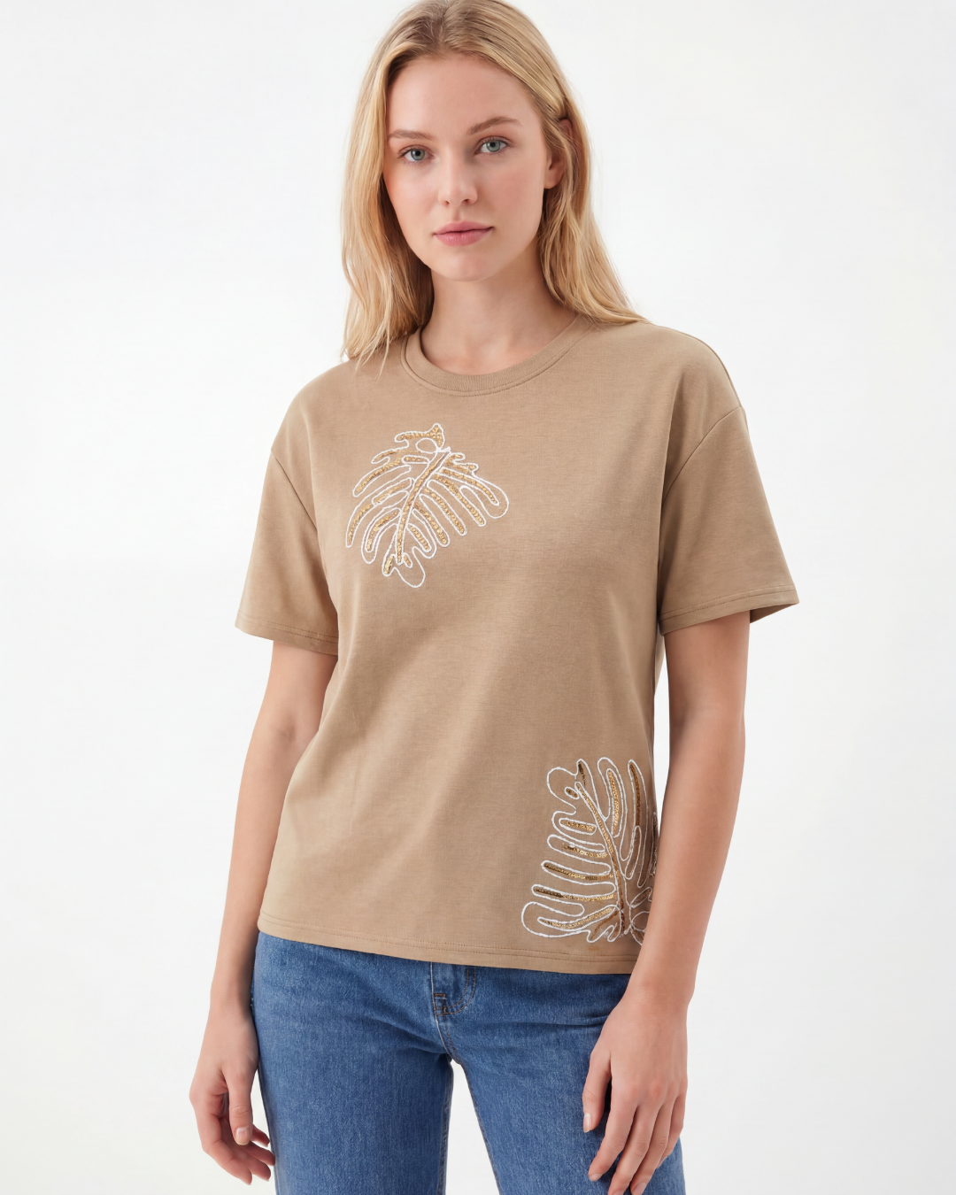 Leaf Embroidered Cotton T-shirt