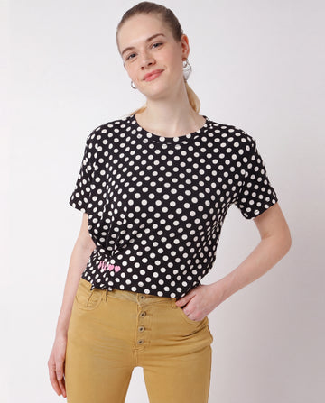 Black Polka Dot Knot-Front Top