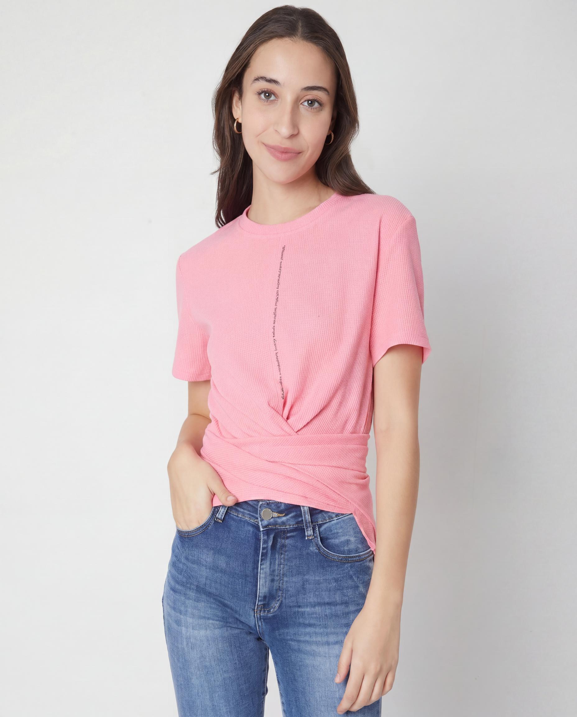 Pink Twist Front Ribbed Short Sleeve Top