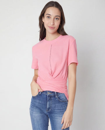 Pink Twist Front Ribbed Short Sleeve Top