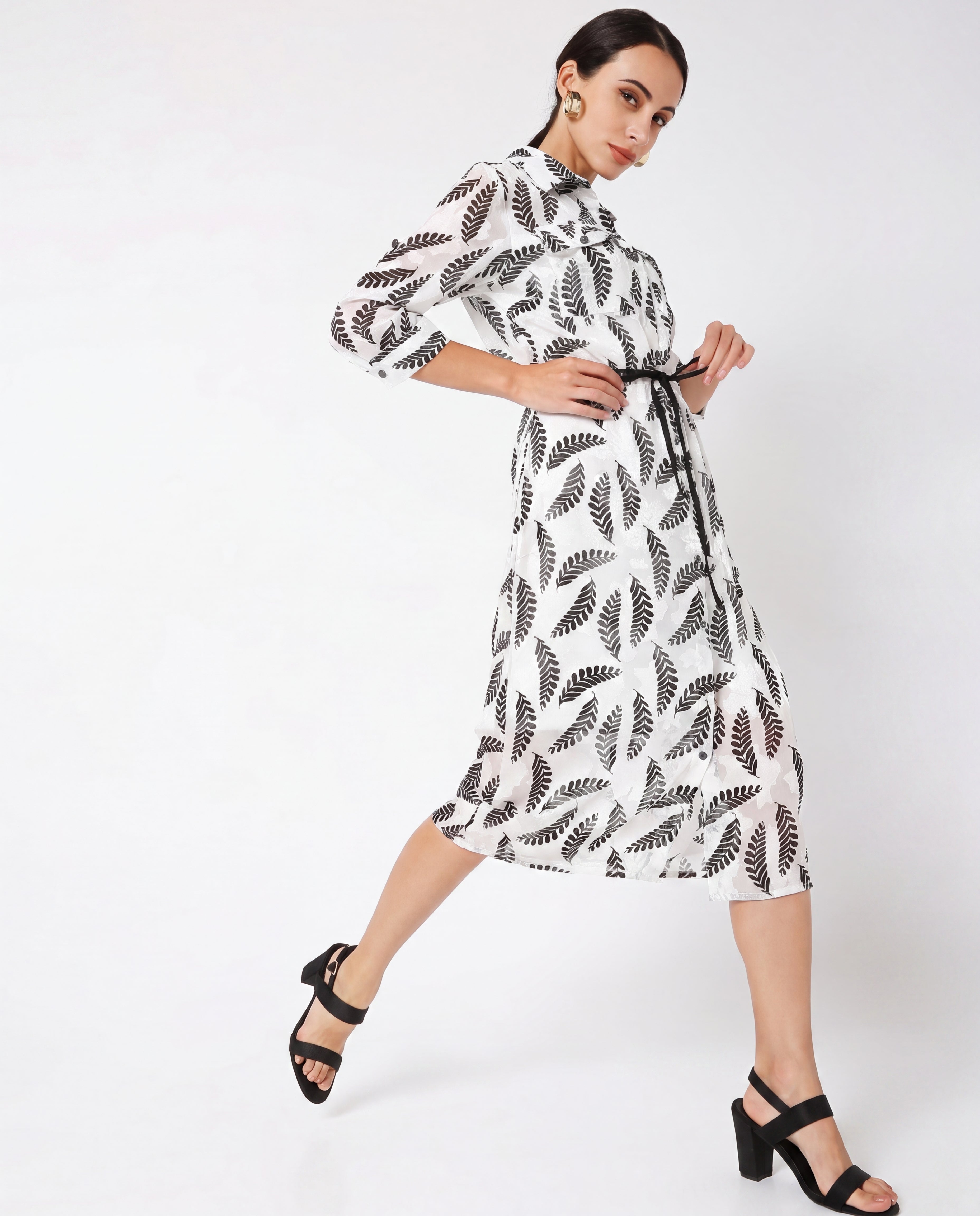 White Leaf Print Midi Shirt Dress