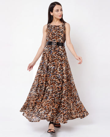 Brown Animal Print Flared Maxi Dress