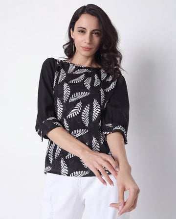 Black Leaf Print Balloon-Sleeve Casual Top
