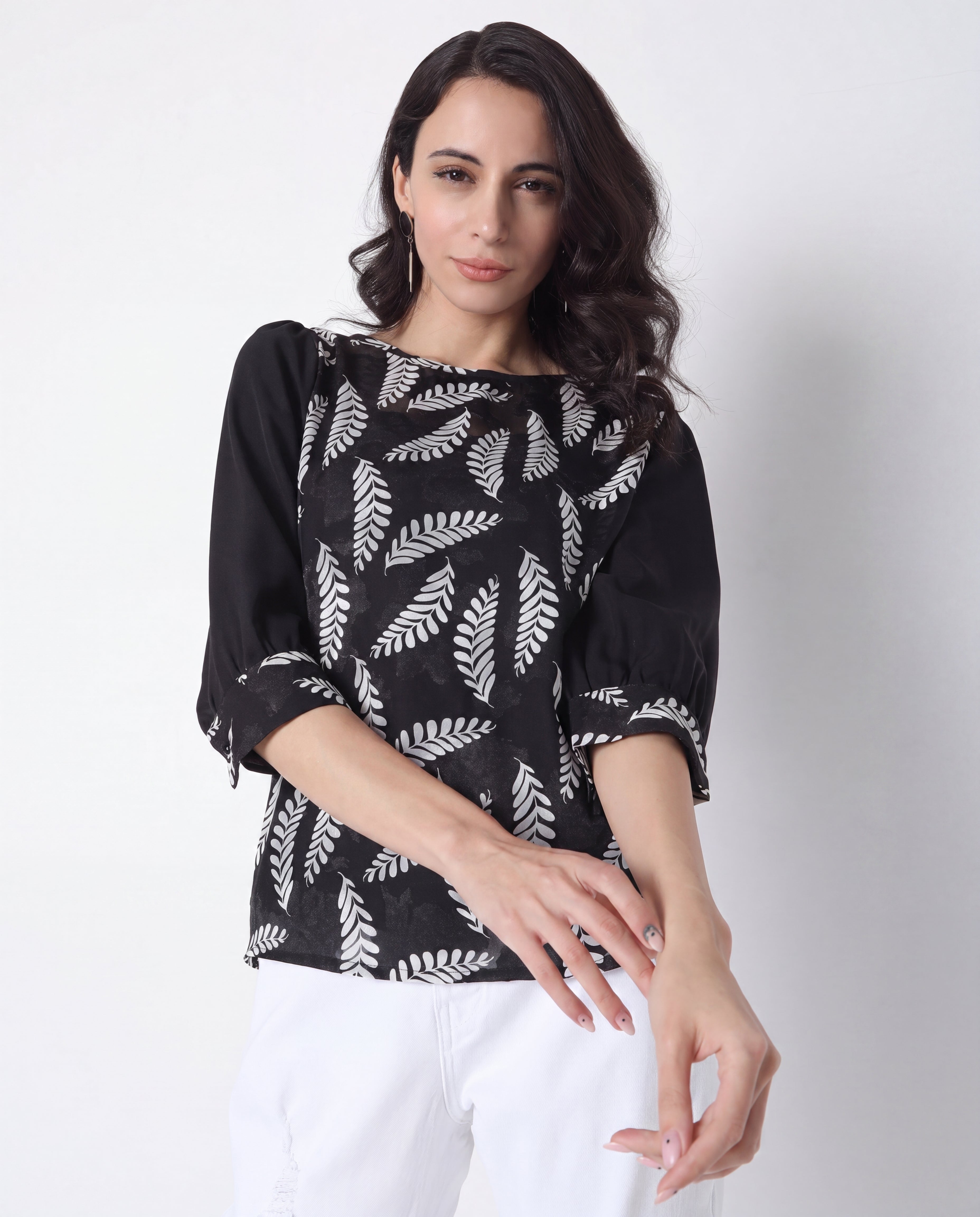 Black Leaf Print Balloon-Sleeve Casual Top