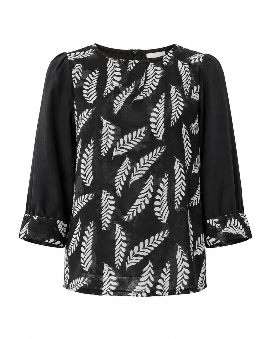 Black Leaf Print Balloon-Sleeve Casual Top