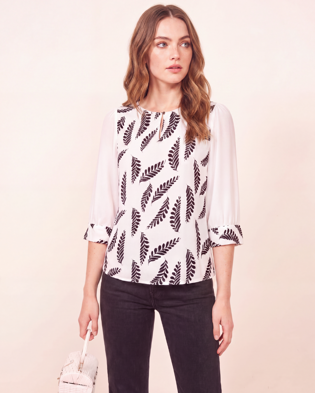 Black Leaf Print Balloon-Sleeve Casual Top