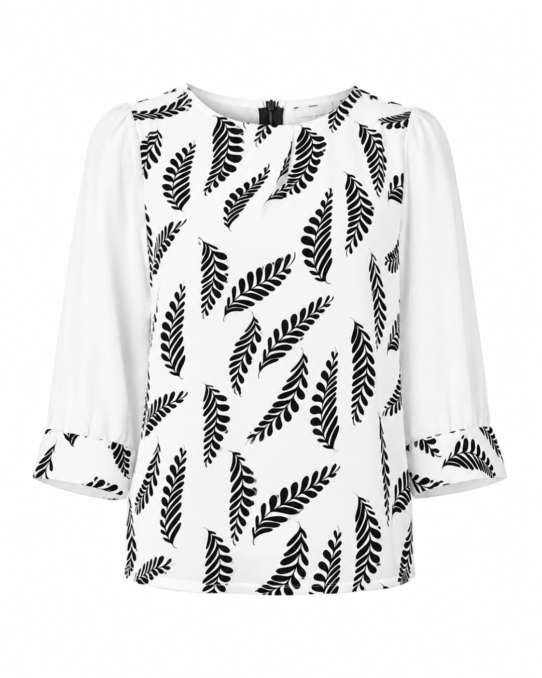 Black Leaf Print Balloon-Sleeve Casual Top