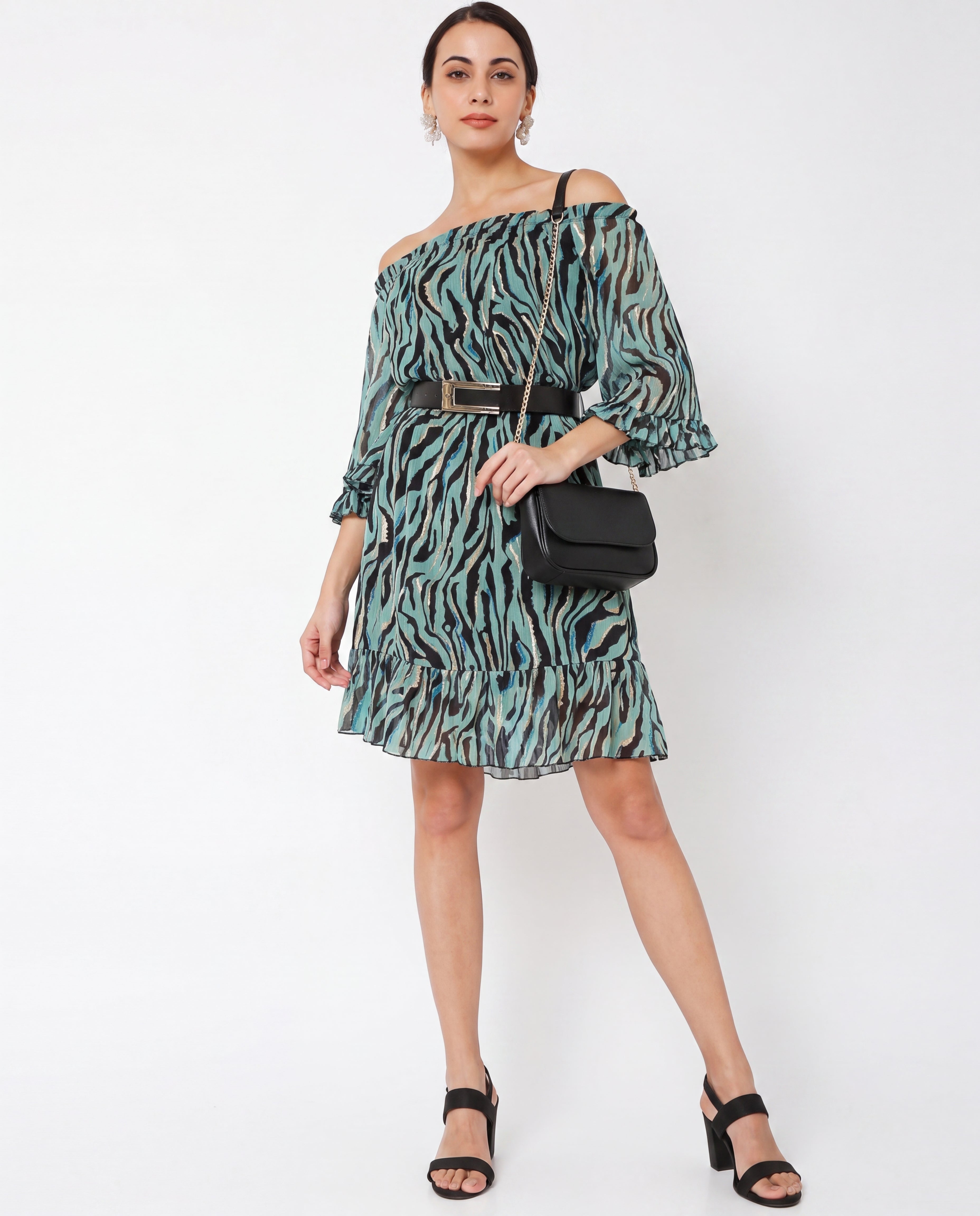 Zebra Print Off-Shoulder Ruffled Mini Dress