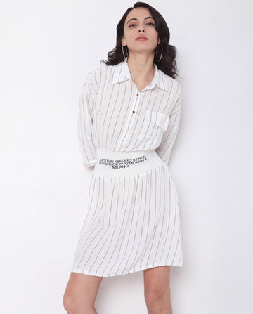 White Pinstripe Logo-Band Shirt Dress