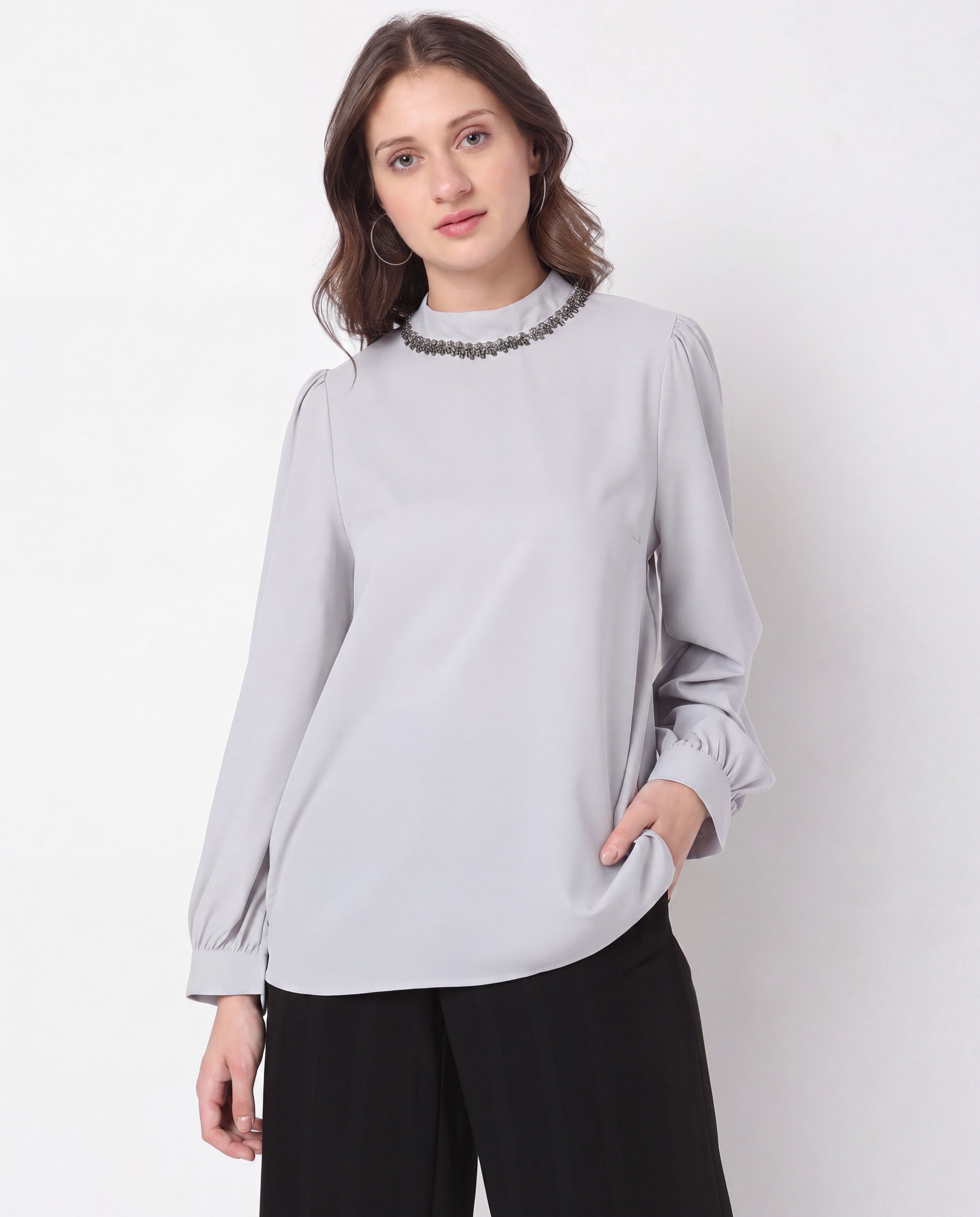 Grey Embellished Neckline Long-Sleeve Blouse