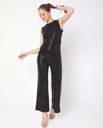 Black Sequin Sleeveless Wide-Leg Jumpsuit