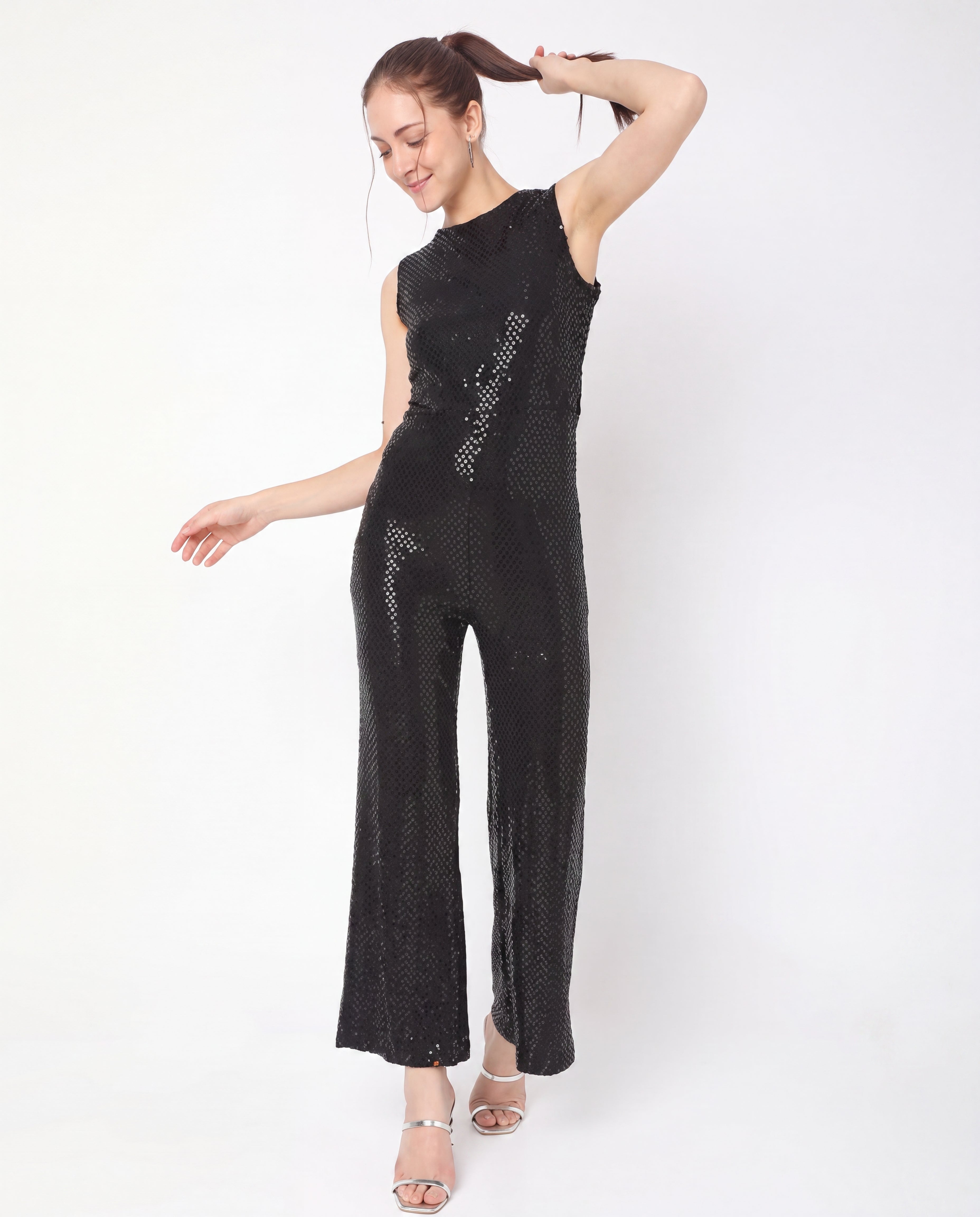 Black Sequin Sleeveless Wide-Leg Jumpsuit