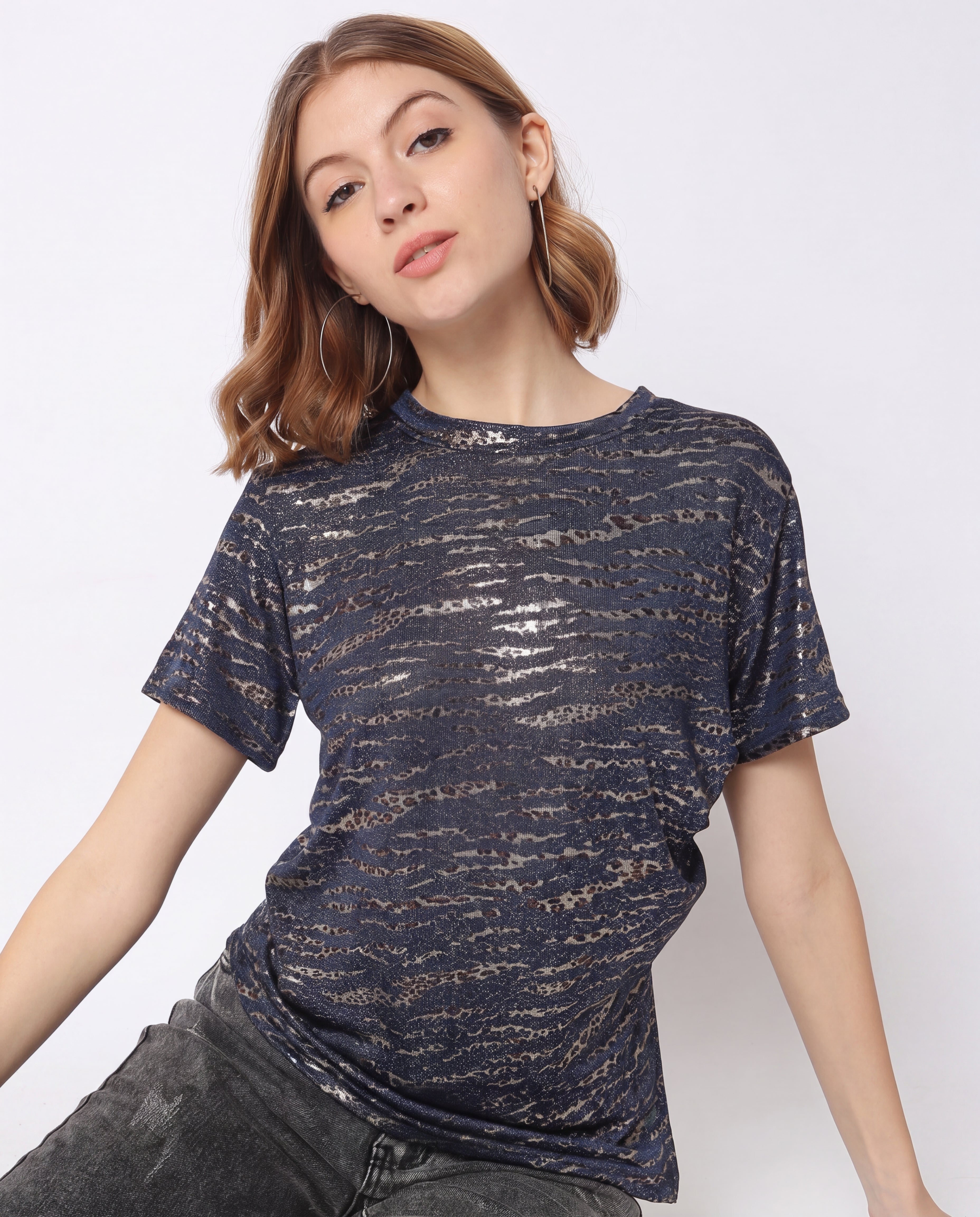 Navy Blue Metallic Shimmer Casual T-Shirt