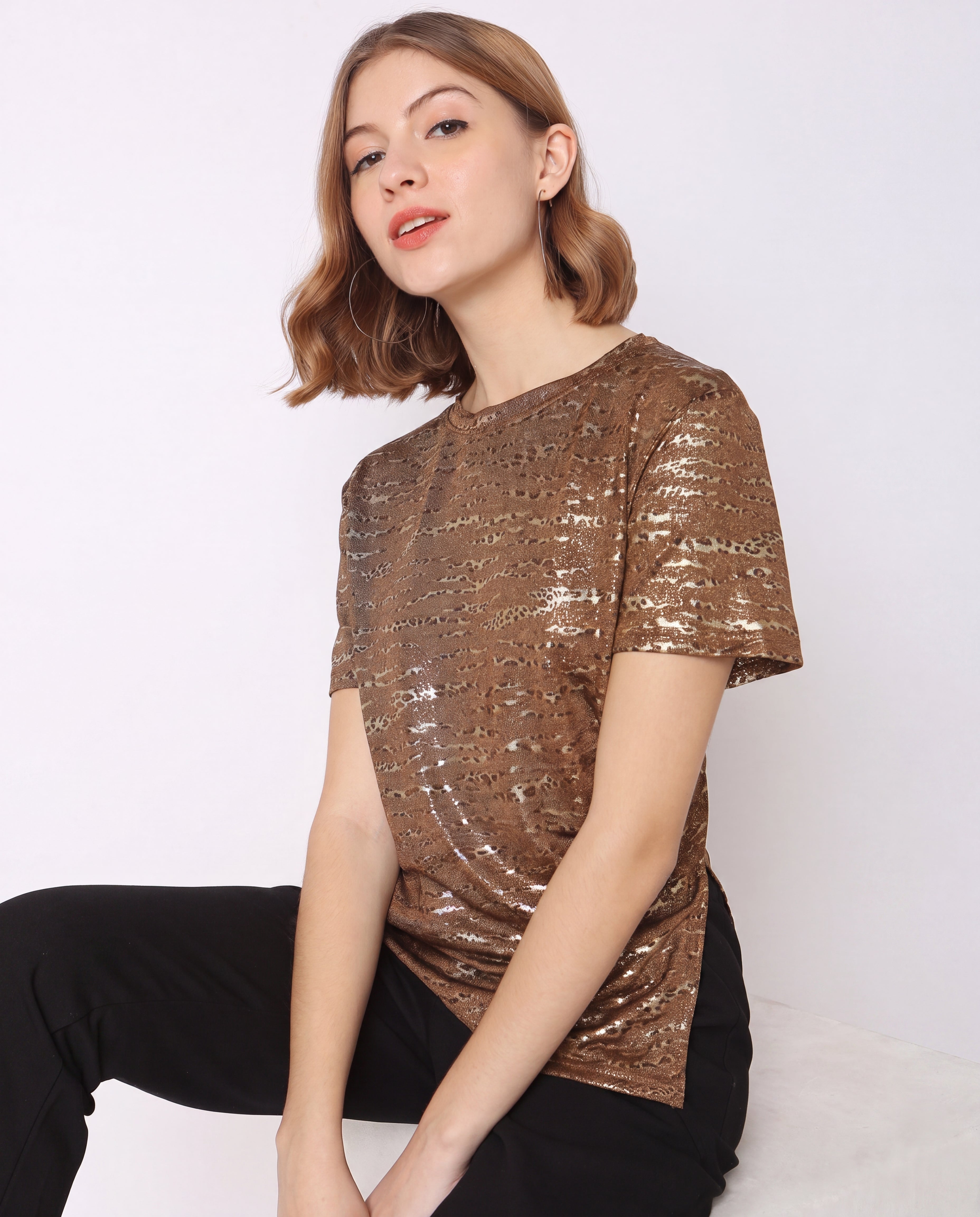 Navy Blue Metallic Shimmer Casual T-Shirt