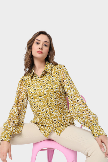 Animal Print Sheer Sleeve Blouse