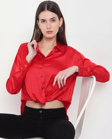 Red Satin Long-Sleeve Gathered Crop Shirt