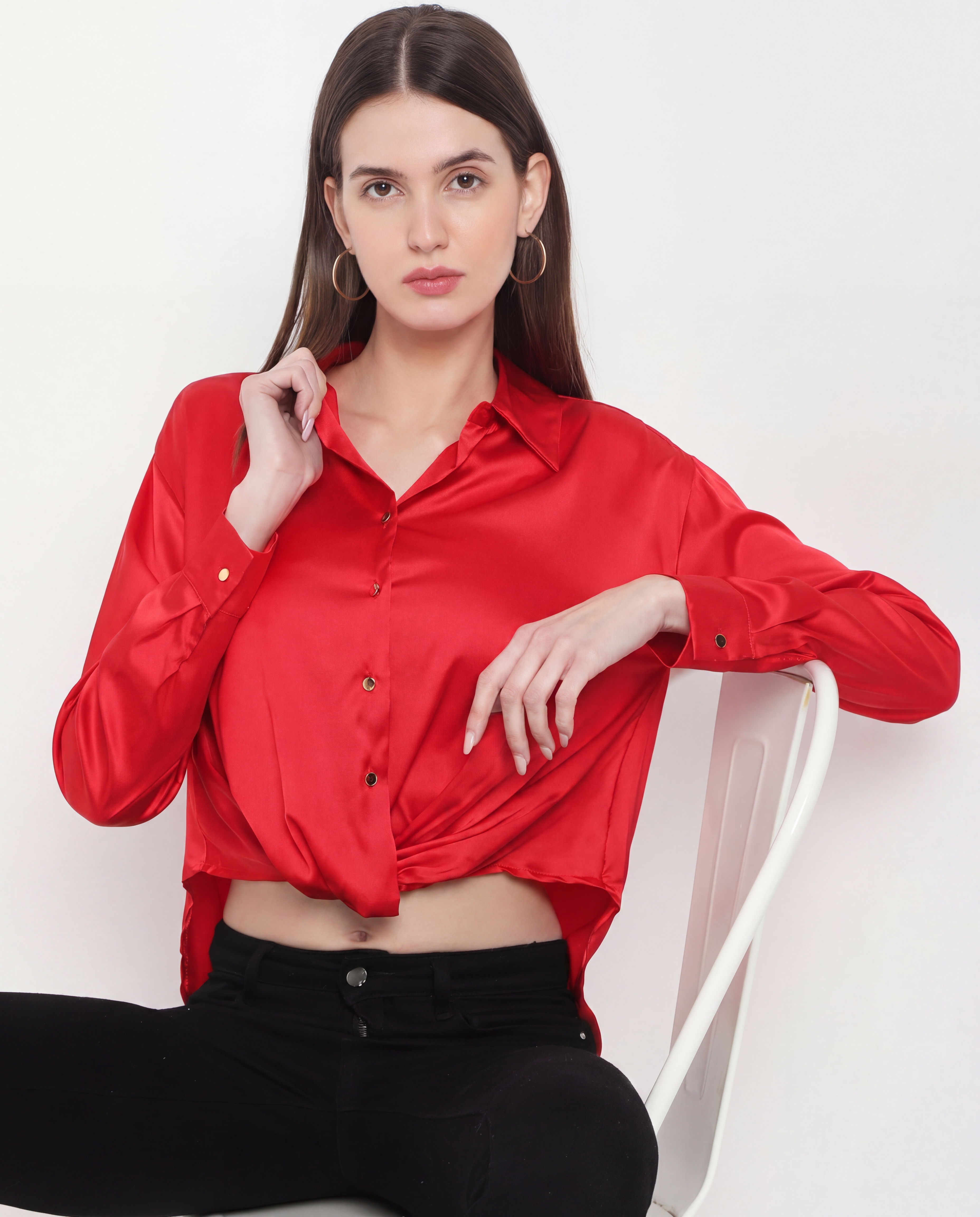 Red Satin Long-Sleeve Gathered Crop Shirt