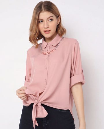 Chain-Collar Tie-Front Button Shirt