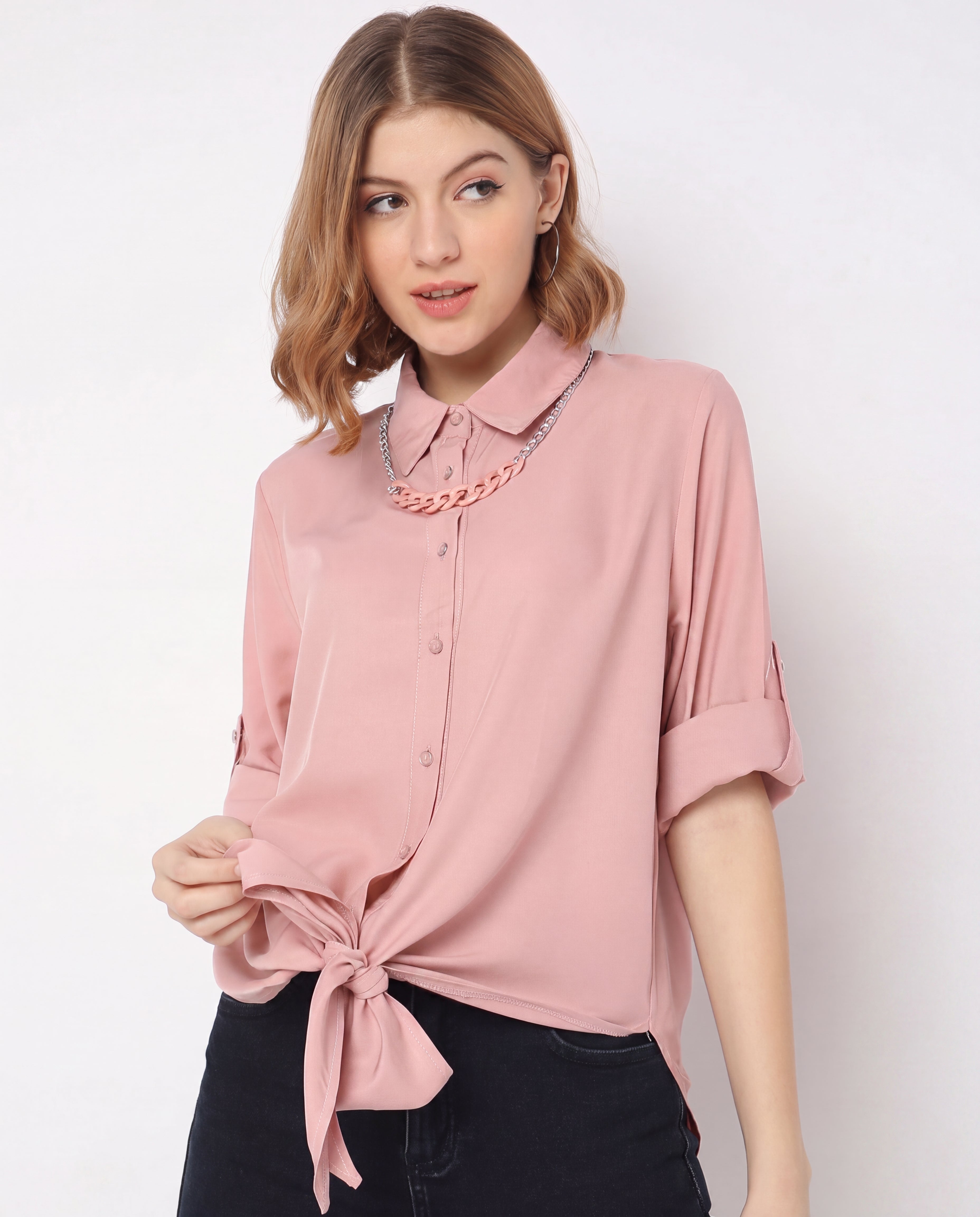 Chain-Collar Tie-Front Button Shirt