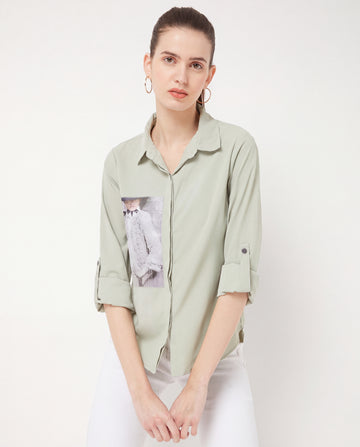 Graphic Patch Casual Roll-Sleeve Shirt