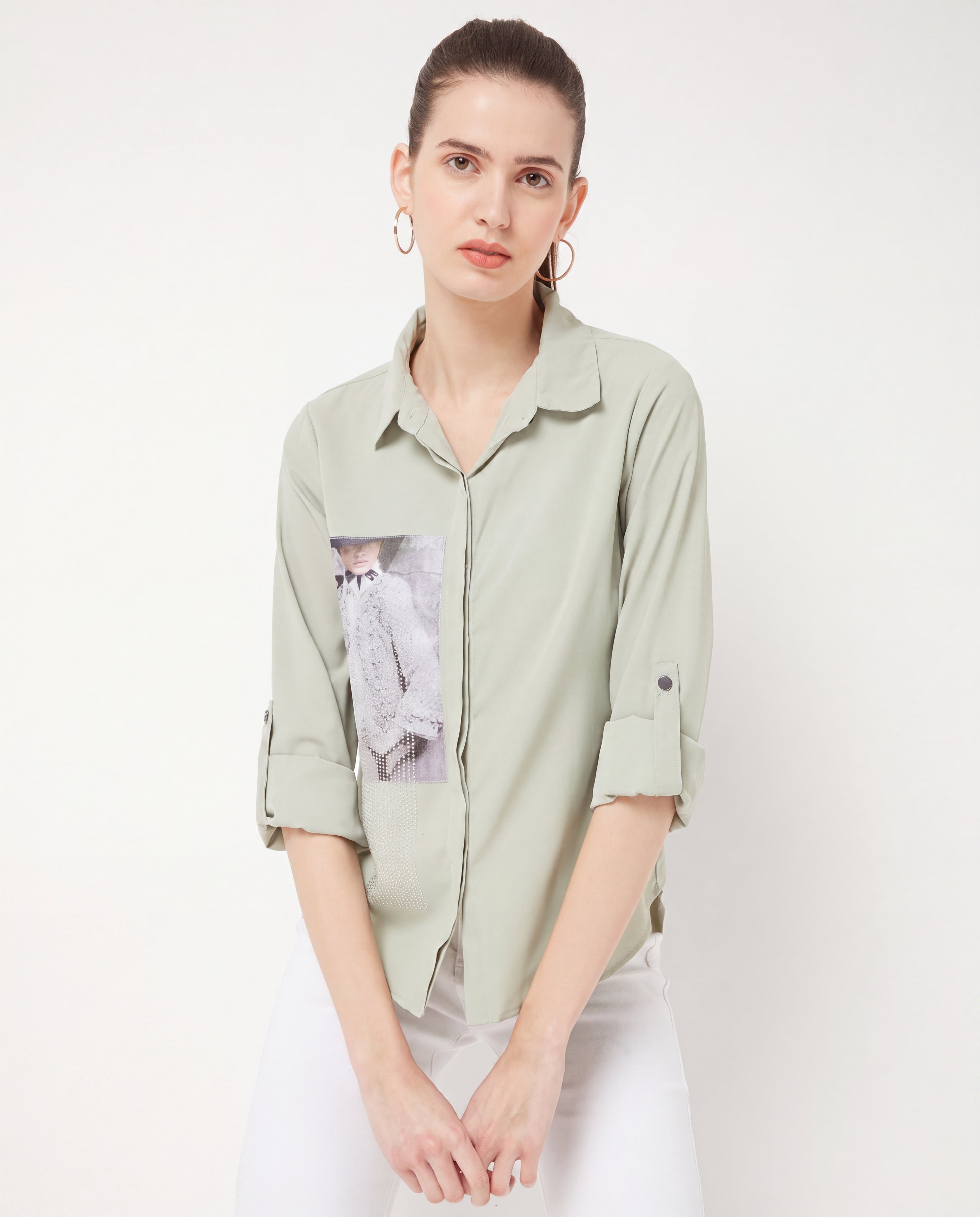 Graphic Patch Casual Roll-Sleeve Shirt