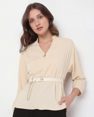 Off-White V-Neck Belted Long-Sleeve Blouse