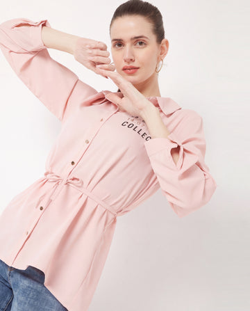 Drawstring Peplum Long-Sleeve Shirt