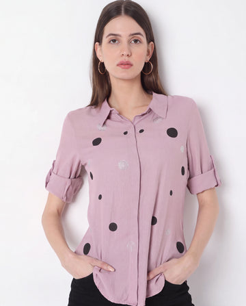 Polka Dot Embellished Roll-Sleeve Shirt