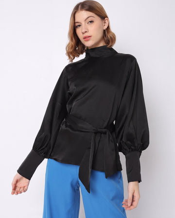 Satin Tie-Waist Puff-Sleeve Blouse