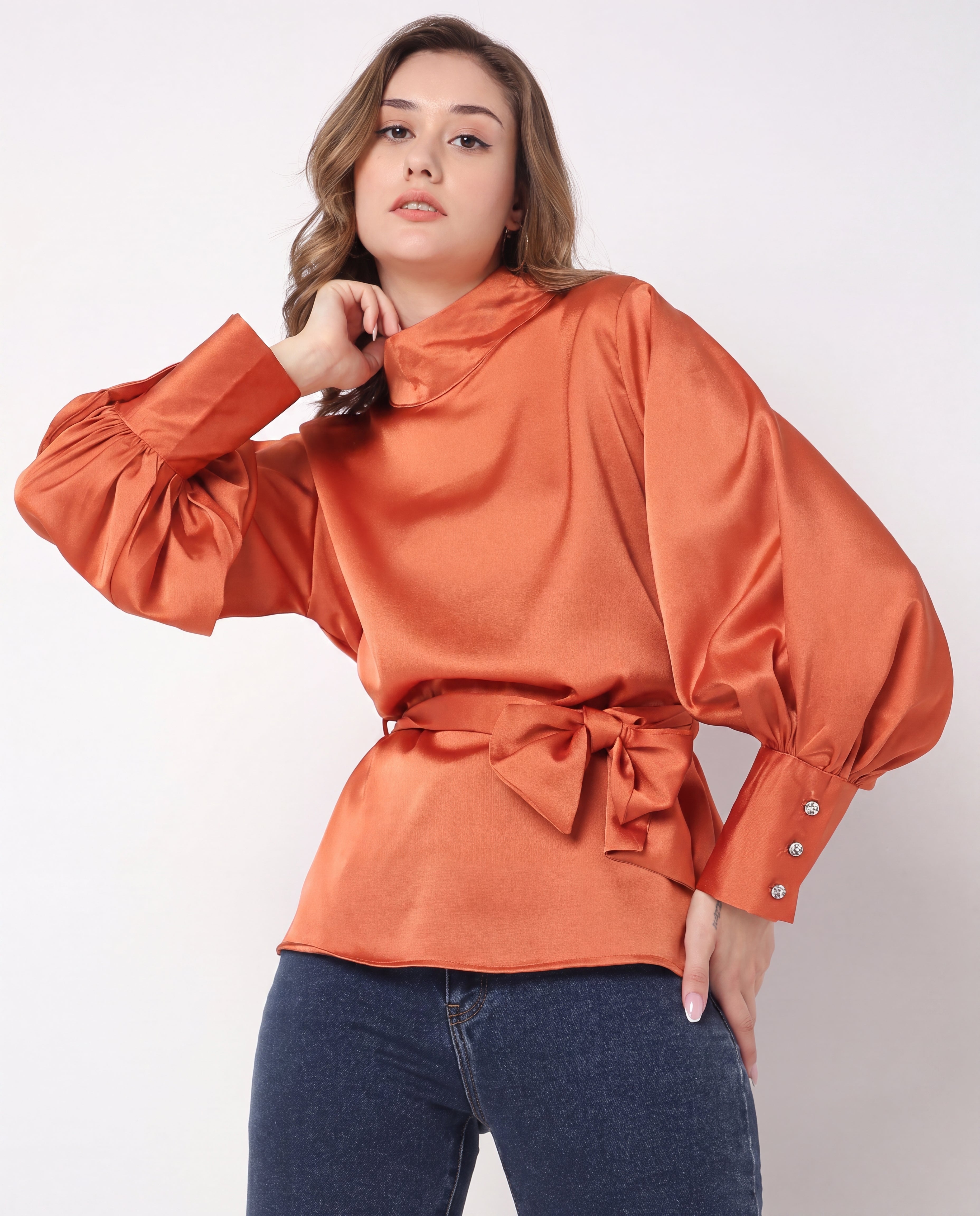 Satin Tie-Waist Puff-Sleeve Blouse