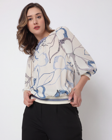 White Blue Floral Print Puff-Sleeve Blouse