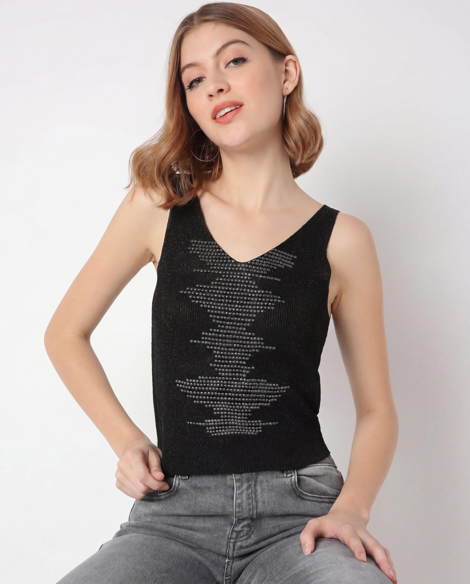 Black Embellished Ribbed Knit Sleeveless Tank