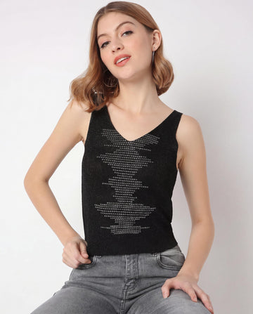 Black Embellished Ribbed Knit Sleeveless Tank