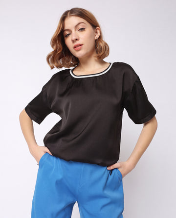 Satin Embellished Neckline Short-Sleeve Top