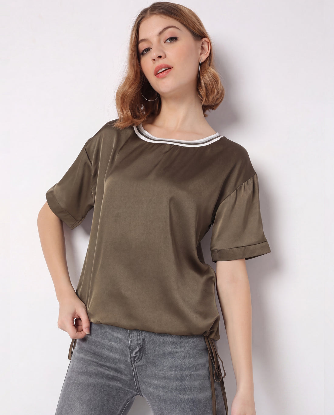 Satin Embellished Neckline Short-Sleeve Top