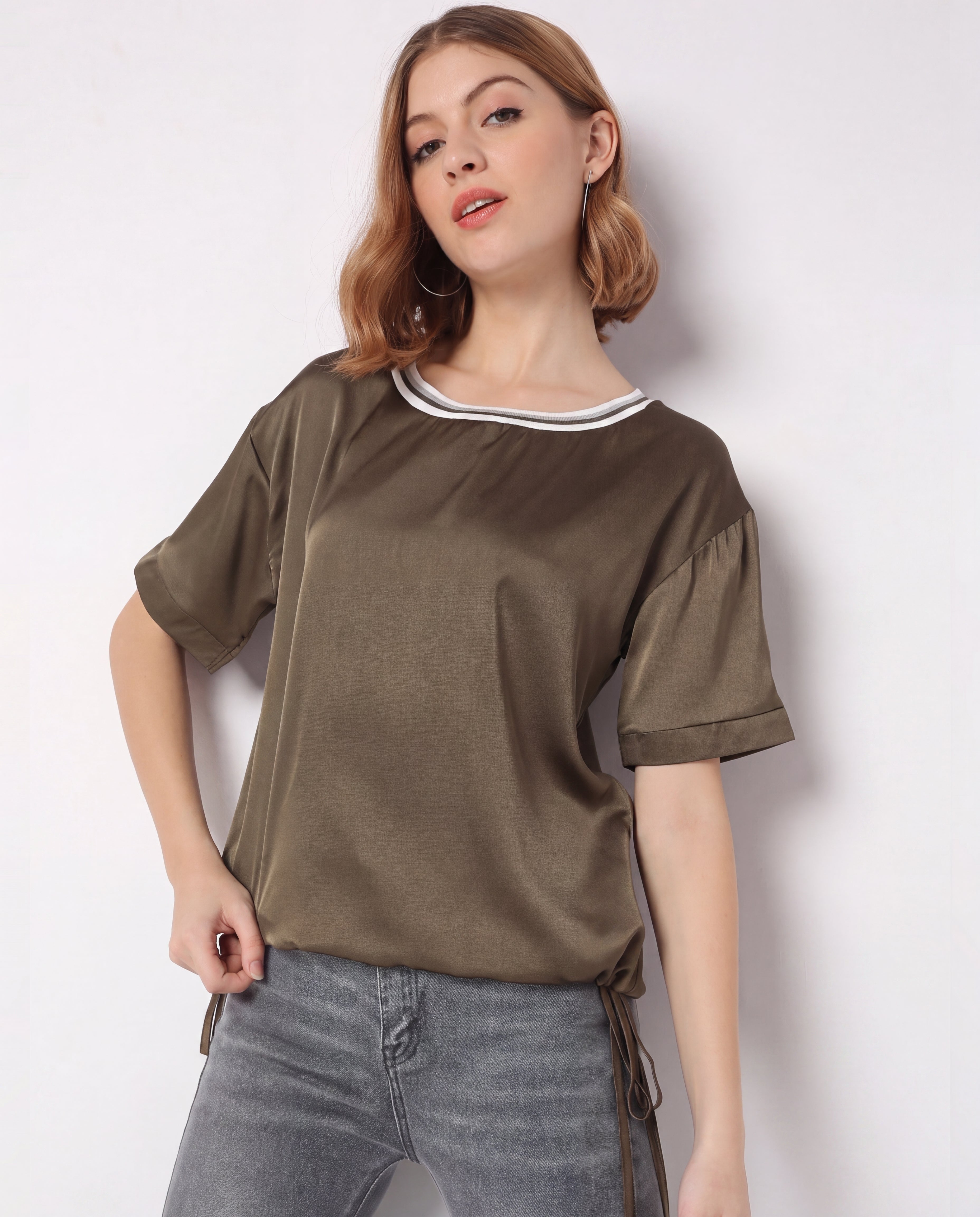 Satin Embellished Neckline Short-Sleeve Top