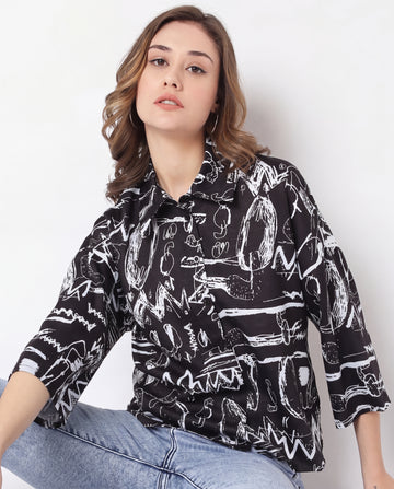 Black Abstract Print Boxy Shirt