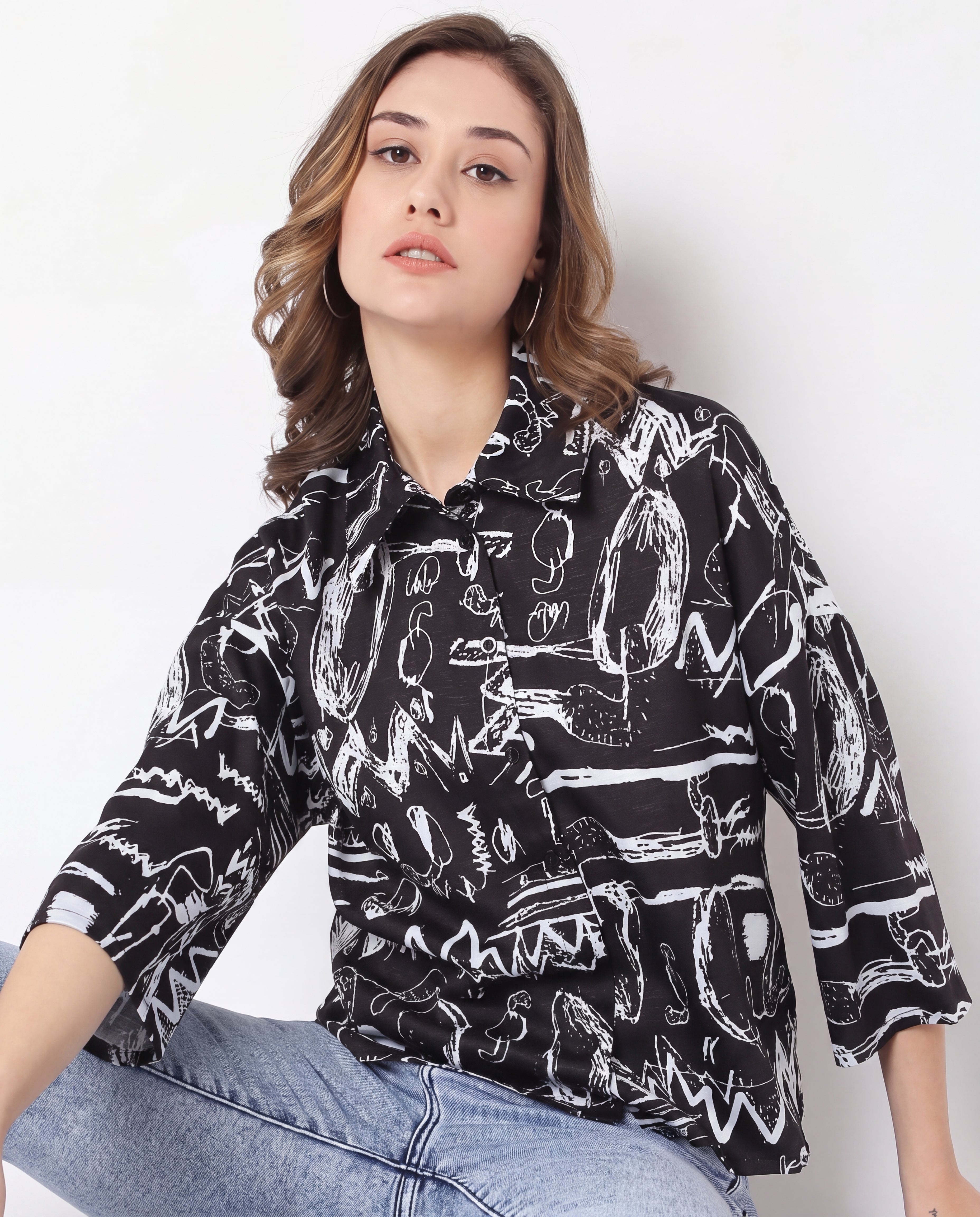 Black Abstract Print Boxy Shirt