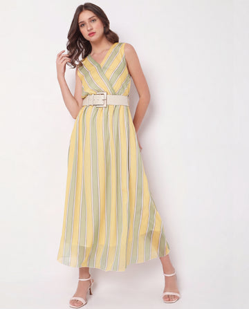 Yellow & Green Striped Wrap Maxi Dress