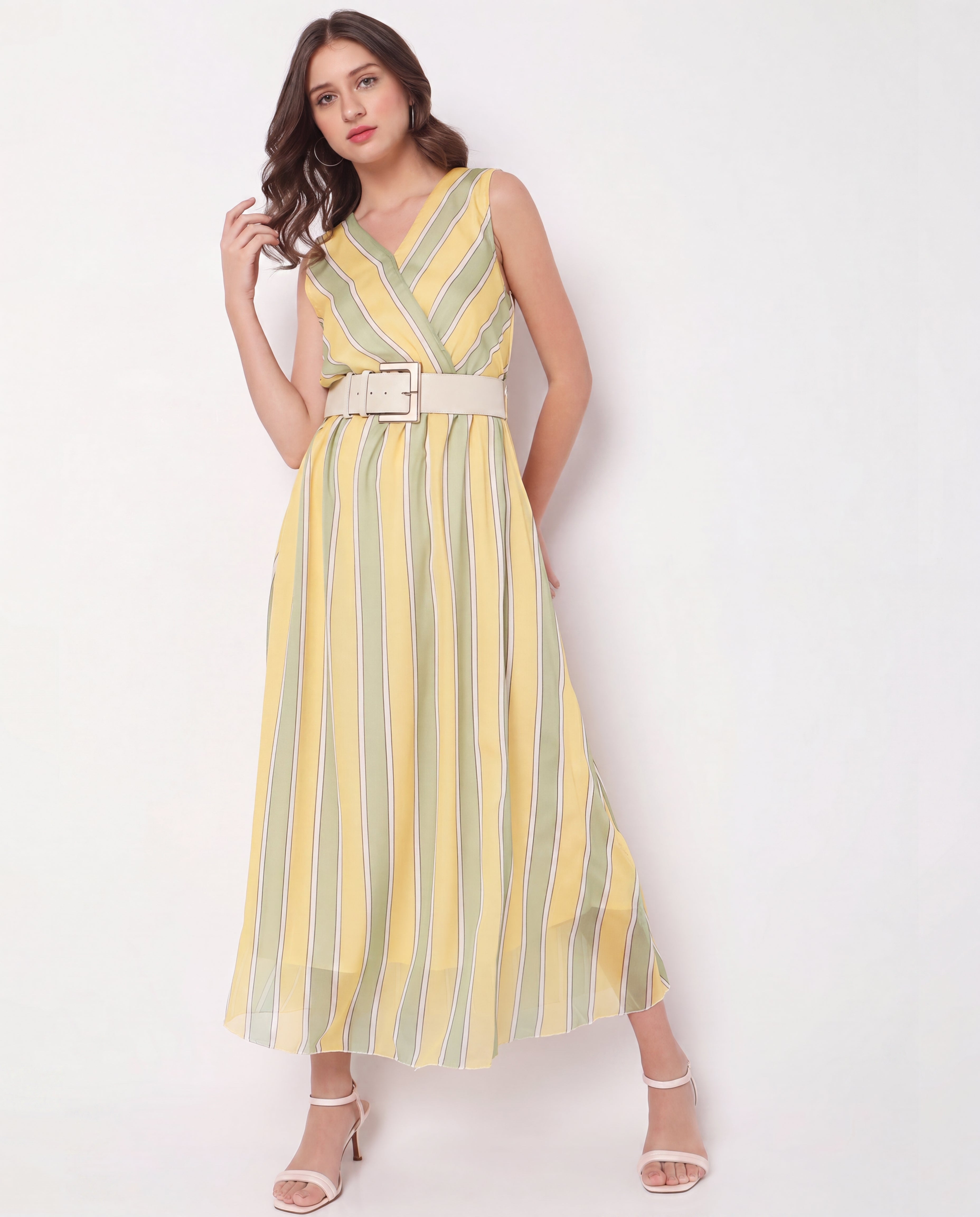 Yellow & Green Striped Wrap Maxi Dress
