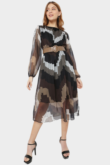 Geometric Print Belted Midi Dress